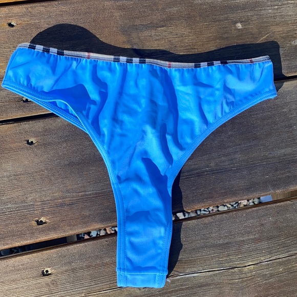 Burberry Swim Burberry Nova Check Thong Bikini Bottoms Deep Baby Blue Lots Of Stretch Med